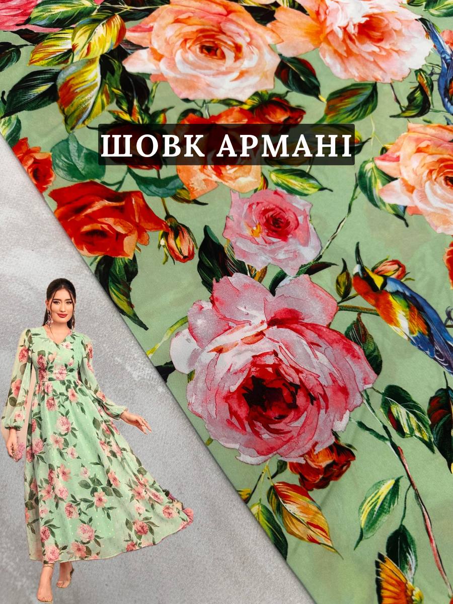 Ткань Шелк-Армани Розочки на мятном фоне на платья и юбки - пальмира