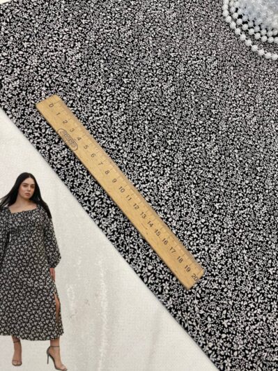 Ткань штапель мелкий принт черный цвет на юбки, блузки купить оптом недорого- ПАЛЬМИРА